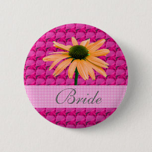 pink gem stones and daisy flowers 6 cm round badge