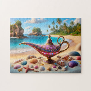 Pink Genie Lamp on Paradise Beach Jigsaw Puzzle