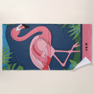 Pink Geo Flamingo with Name Beach Towel
