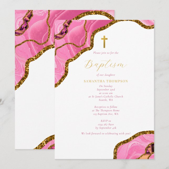Pink Geode Agate Gold Cross Baptism Christening  Invitation (Front/Back)