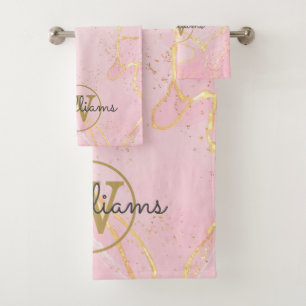 Pink Geode Agate Gold Monogram Bath Towel Set