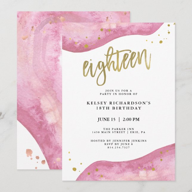 Pink Geode and Faux Gold Look | 18th Birthday Invitation (Front/Back)