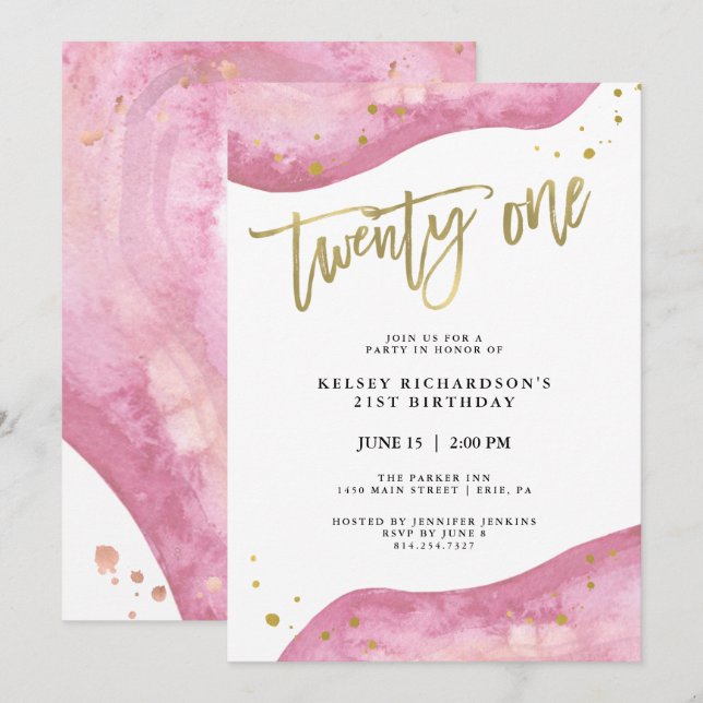 Pink Geode and Faux Gold Look | 21st Birthday Invitation (Front/Back)