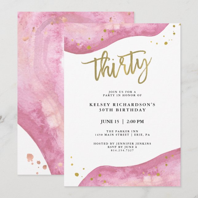 Pink Geode and Faux Gold Look | 30th Birthday Invitation (Front/Back)