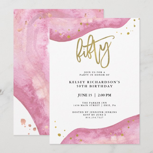 Pink Geode and Faux Gold Look | 50th Birthday Invitation (Front/Back)