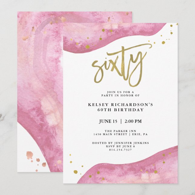 Pink Geode and Faux Gold Look | 60th Birthday Invitation (Front/Back)