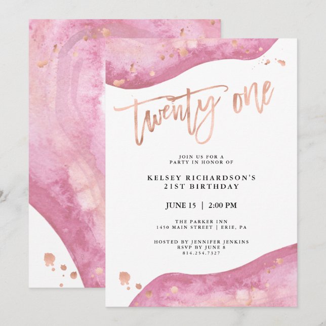 Pink Geode and Faux Rose Gold Look | 21st Birthday Invitation (Front/Back)