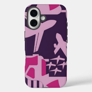 Pink Geometric Aeroplane Pattern Travel Lovers Cas iPhone 16 Case