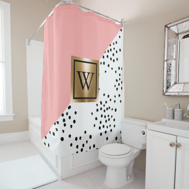 Pink Geometric and Polka Dots Shower Curtain (In Situ)