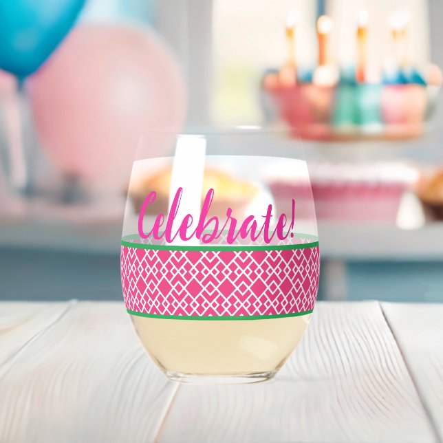 Pink Geometric Celebrate Stemless Wine Glass (Insitu (Baby Shower))