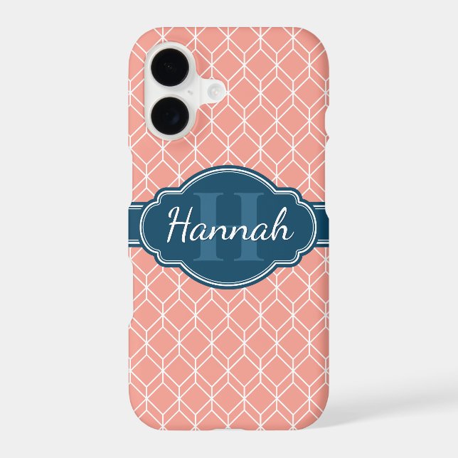 Pink Geometric Diamond Pattern Blue Monogram (Back)