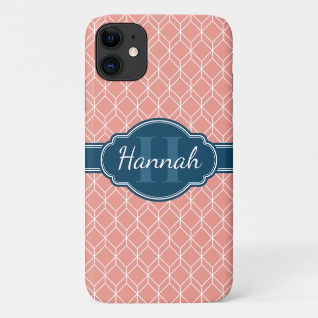 Pink Geometric Diamond Pattern Blue Monogram Case-Mate iPhone Case (Back)