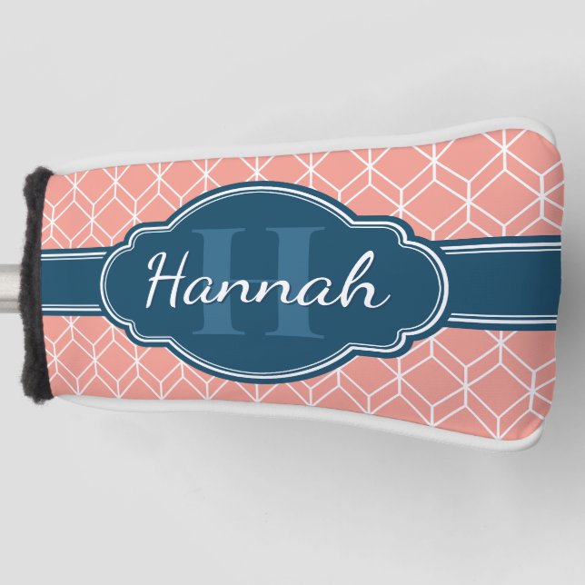 Pink Geometric Diamond Pattern Blue Monogram Golf Head Cover (Front)