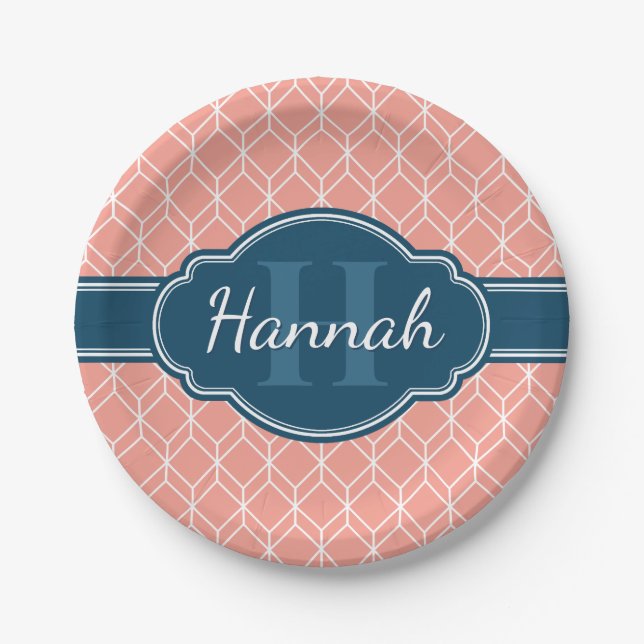 Pink Geometric Diamond Pattern Blue Monogram Paper Plate (Front)