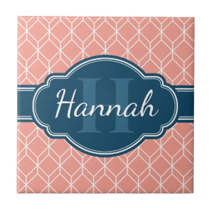 Pink Geometric Diamond Pattern Blue Monogram Tile
