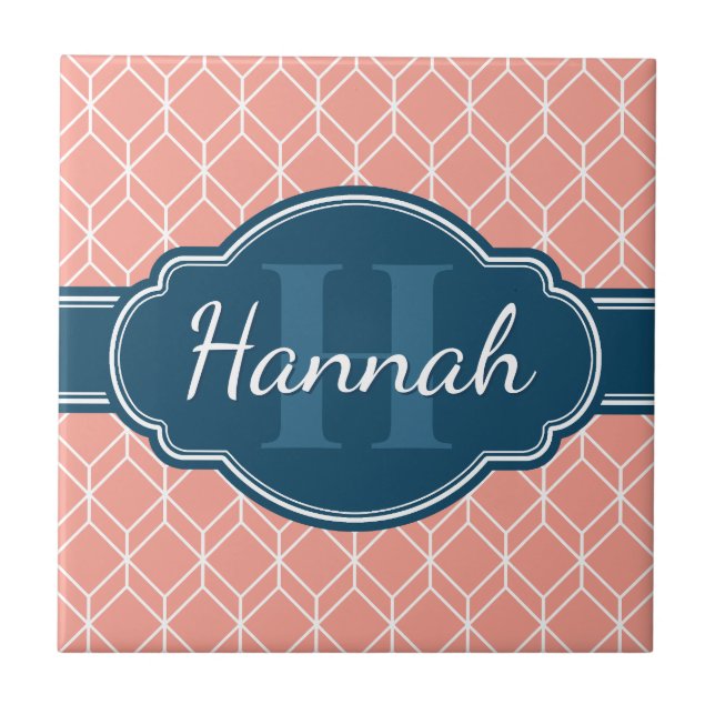Pink Geometric Diamond Pattern Blue Monogram Tile (Front)