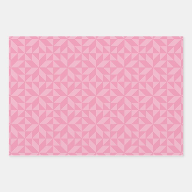 Pink Geometric Quilt Block Pattern Wrapping Paper Sheet (Front)