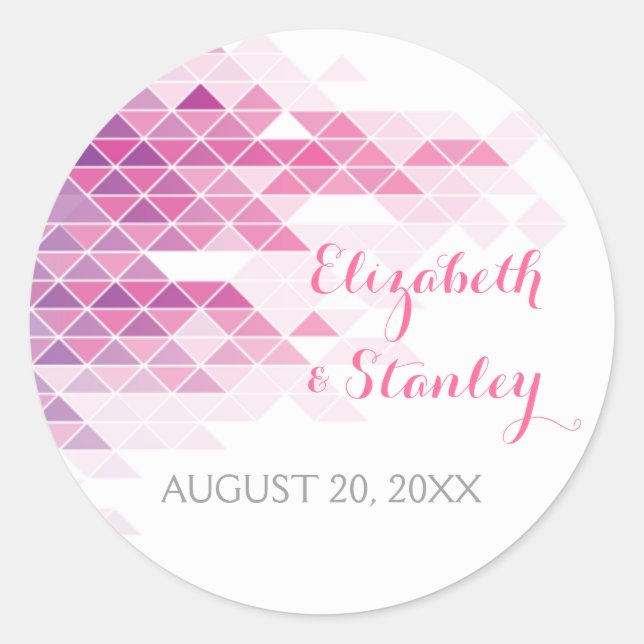 Pink geometric triangles modern wedding classic round sticker (Front)