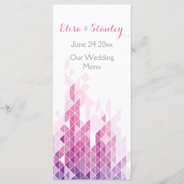 Pink geometric triangles modern wedding menu card (Front)