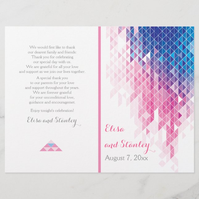 Pink geometric triangles modern wedding program (Front)