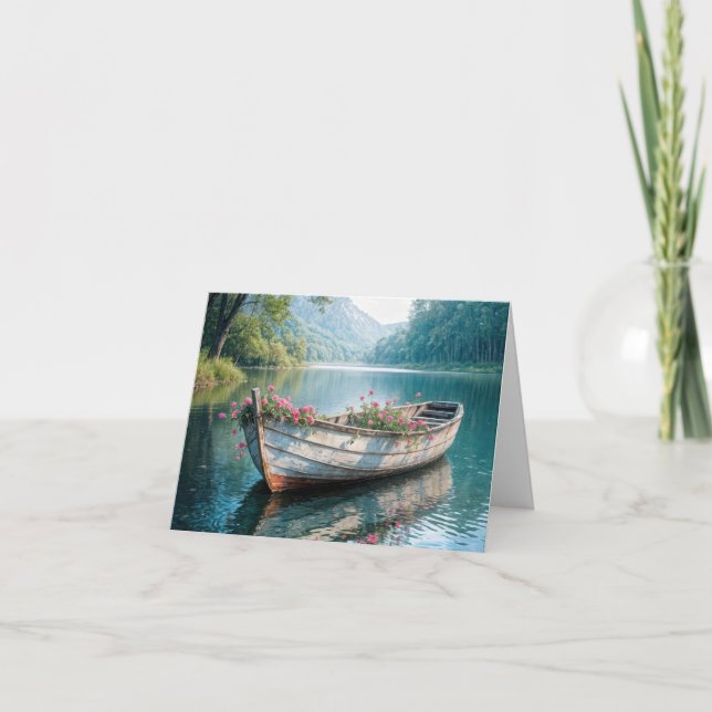 Pink Geraniums In A Wooden Rowboat Holiday Card (Front)