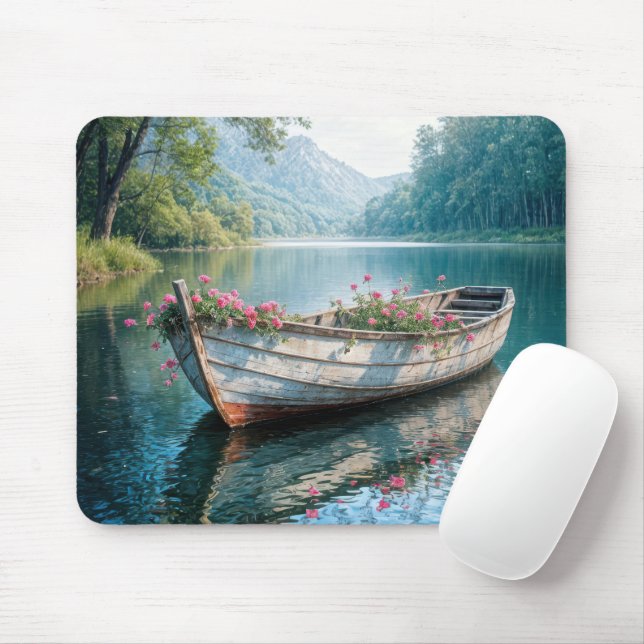Pink Geraniums In Rowboat Mouse Mat (With Mouse)