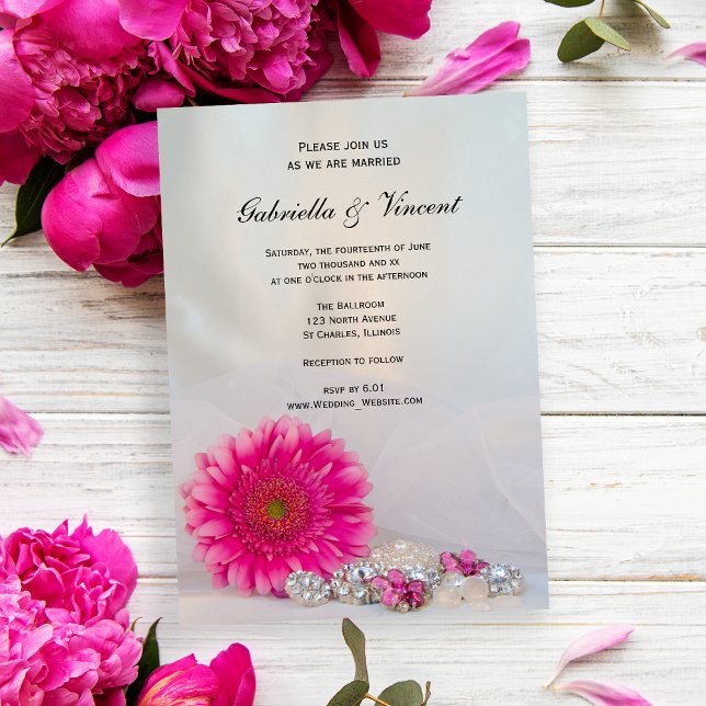 Pink Gerber Daisy and Buttons Wedding Invitation (Invite guests to your marriage ceremony with the pretty Pink Daisy and Buttons Wedding Invitation.)