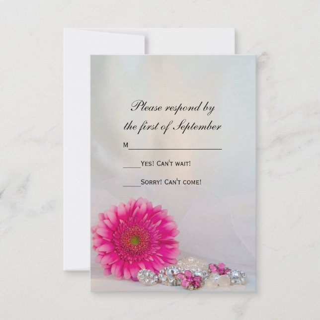 Pink Gerber Daisy and Buttons Wedding RSVP Card (Front)