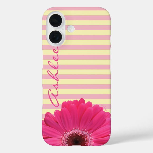 Pink Gerber Daisy And Stripes Add A Name Case-Mate iPhone Case (Back)