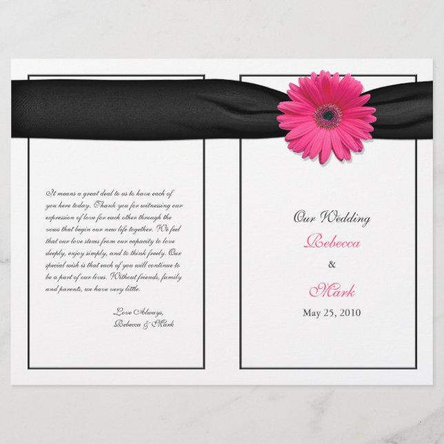 Pink Gerber Daisy Black Ribbon Wedding Program (Front)