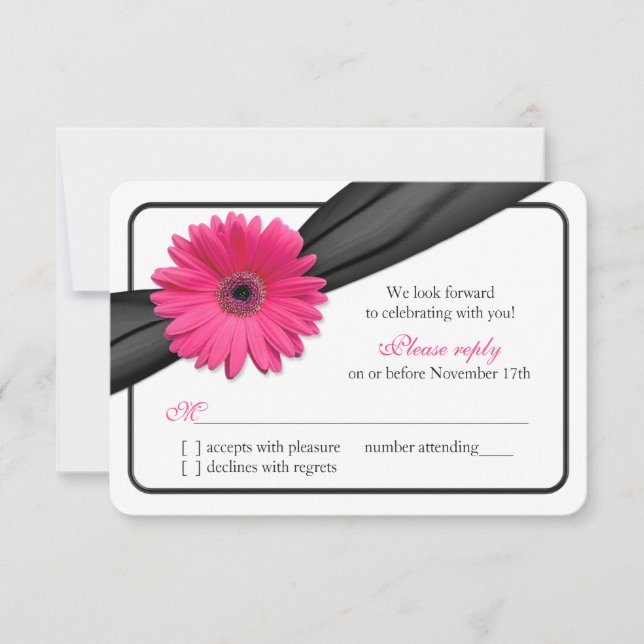 Pink Gerber Daisy Black Ribbon Wedding RSVP (Front)