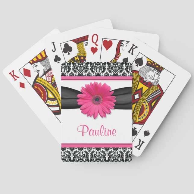 Pink Gerber Daisy Black White Damask Personalised Playing Cards (Back)