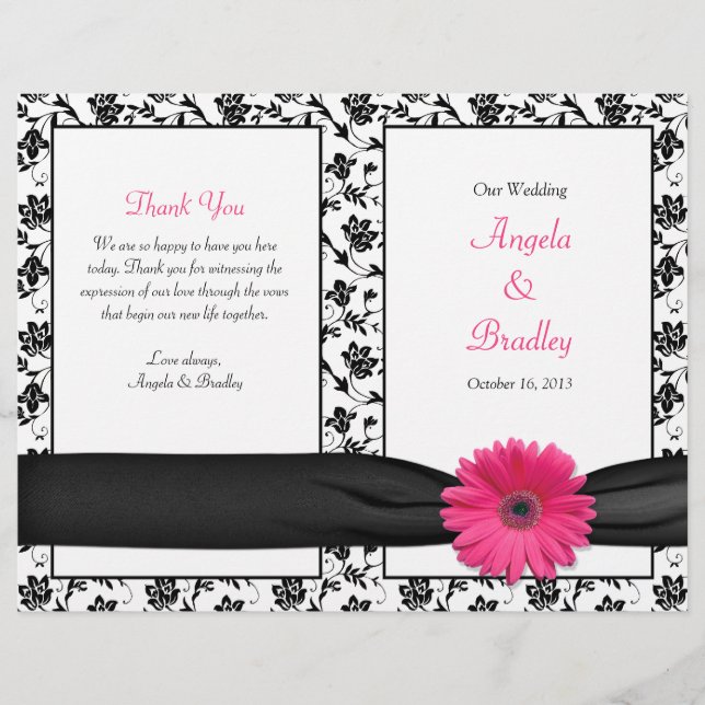 Pink Gerber Daisy Damask Floral Wedding Program (Front)
