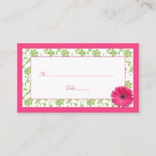 Pink Gerber Daisy Green Damask Wedding Place Cards
