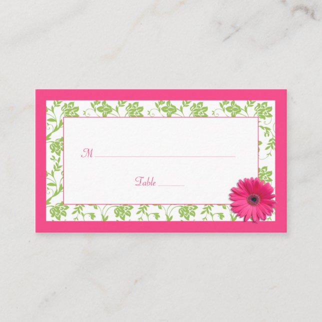 Pink Gerber Daisy Green Damask Wedding Place Cards (Front)