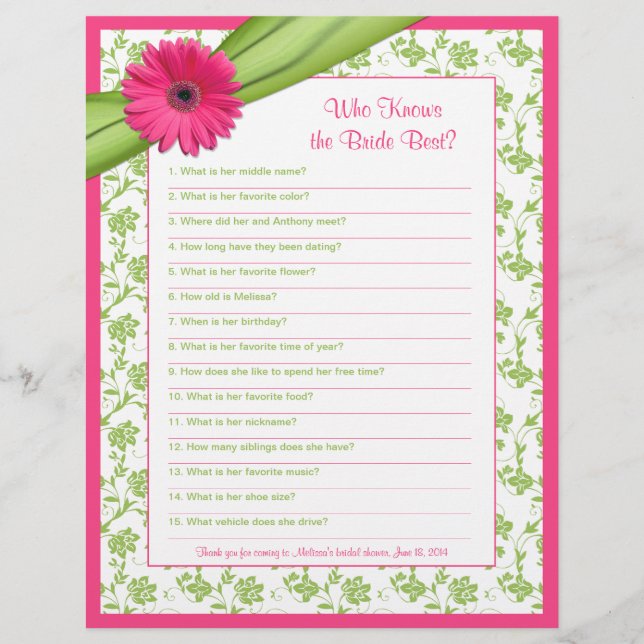 Pink Gerber Daisy Green Floral Bridal Shower Game (Front)
