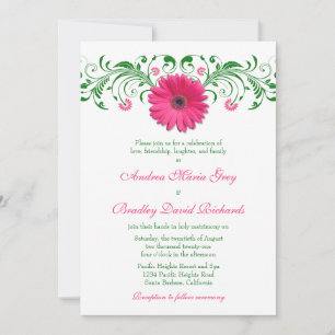 Pink Gerber Daisy Green Floral Wedding Invitation