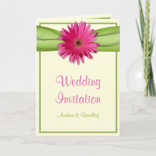 Pink Gerber Daisy Green Ribbon Wedding Invitation