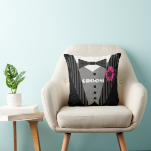 Pink Gerber Daisy Groom's Tuxedo Pillow