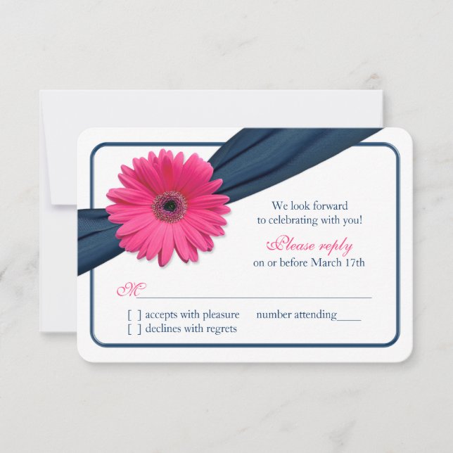Pink Gerber Daisy Navy Blue Ribbon Wedding RSVP (Front)
