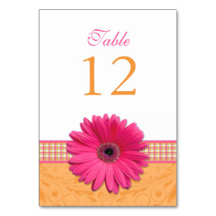 Pink Gerber Daisy Orange Plaid Ribbon Wedding Table Number