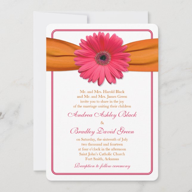 Pink Gerber Daisy Orange Ribbon Wedding Rounded Invitation (Front)