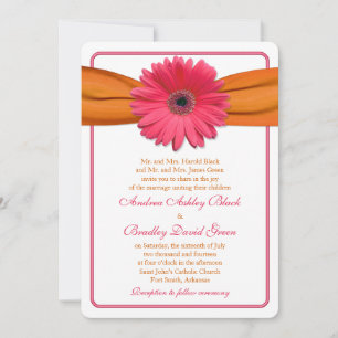Pink Gerber Daisy Orange Ribbon Wedding Rounded Invitation