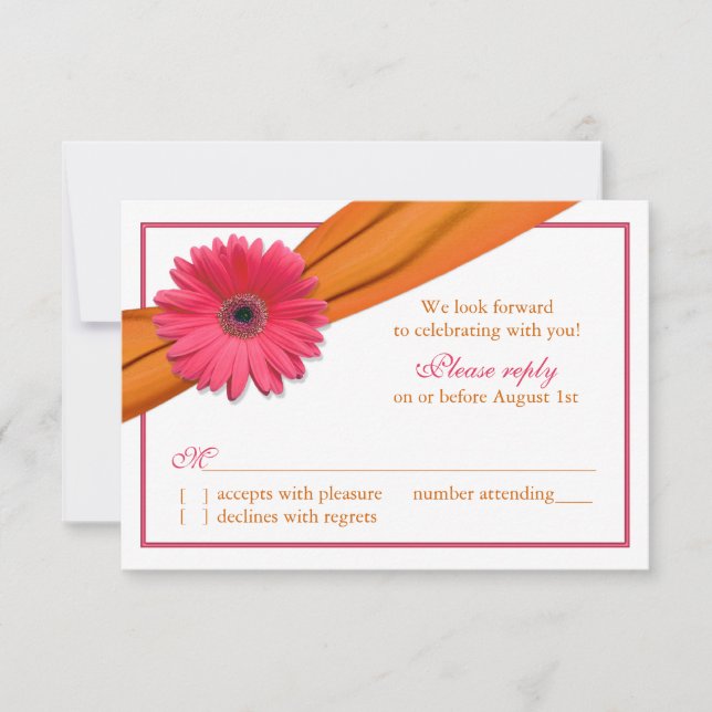Pink Gerber Daisy Orange Ribbon Wedding RSVP Card (Front)