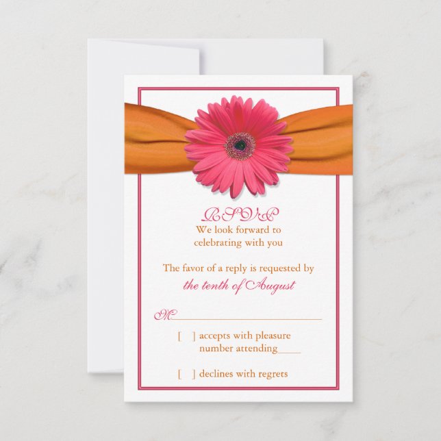 Pink Gerber Daisy Orange Ribbon Wedding RSVP Reply (Front)