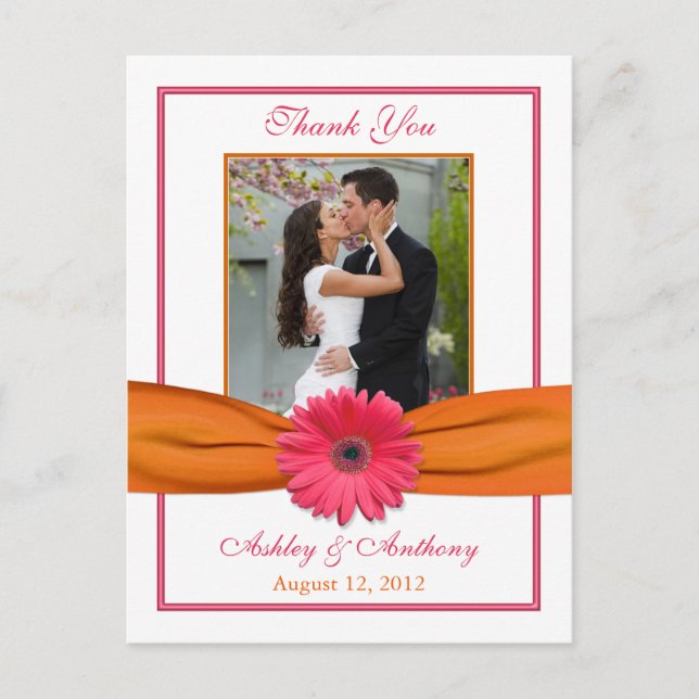 Pink Gerber Daisy Orange Ribbon Wedding Thank You Postcard (Front)