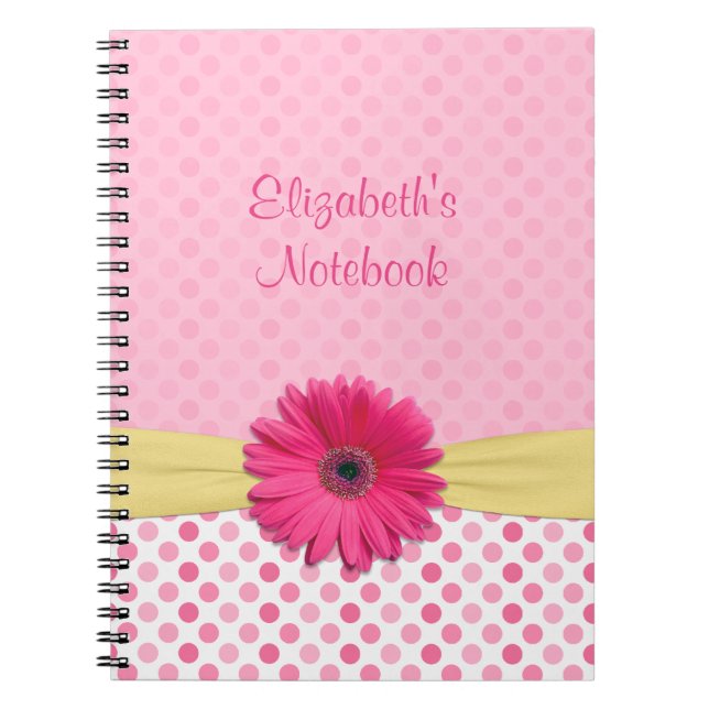 Pink Gerber Daisy Polka Dot Personalised Notebook (Front)