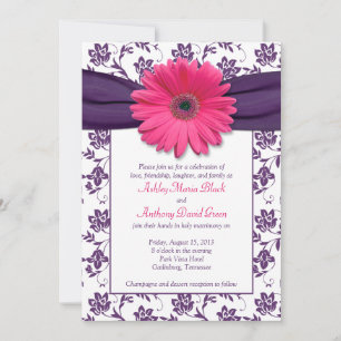 Pink Gerber Daisy Purple Damask Wedding Invitation