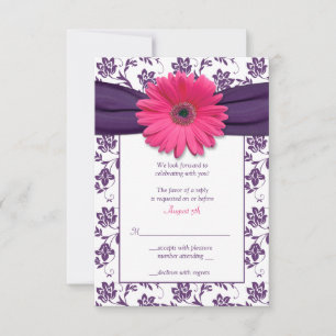 Pink Gerber Daisy Purple Damask Wedding Reply Card