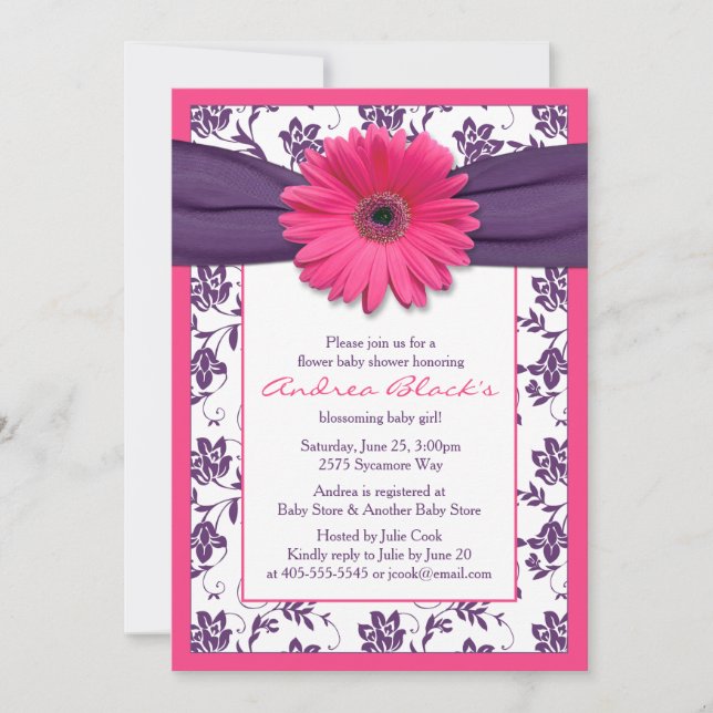 Pink Gerber Daisy Purple Floral Ribbon Baby Shower Invitation (Front)